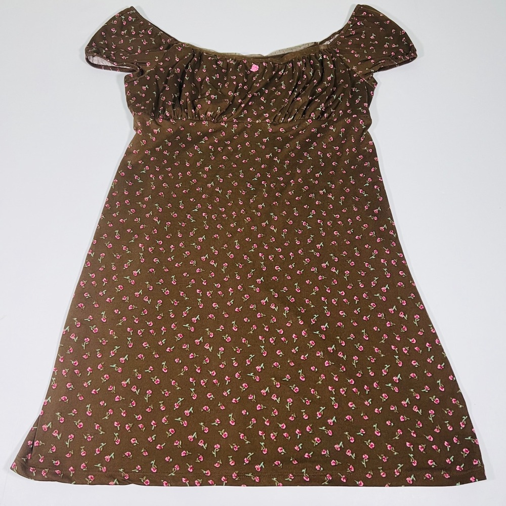 No Boundaries Babydoll Dress L 12/14 Brown Pink Floral Y2K Cottagecore